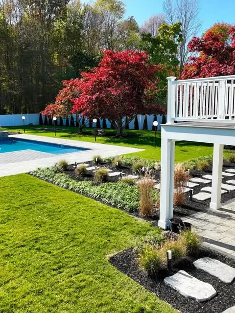 Backyard with lawn, pool, red maples and stepping stones, a client landscaping project